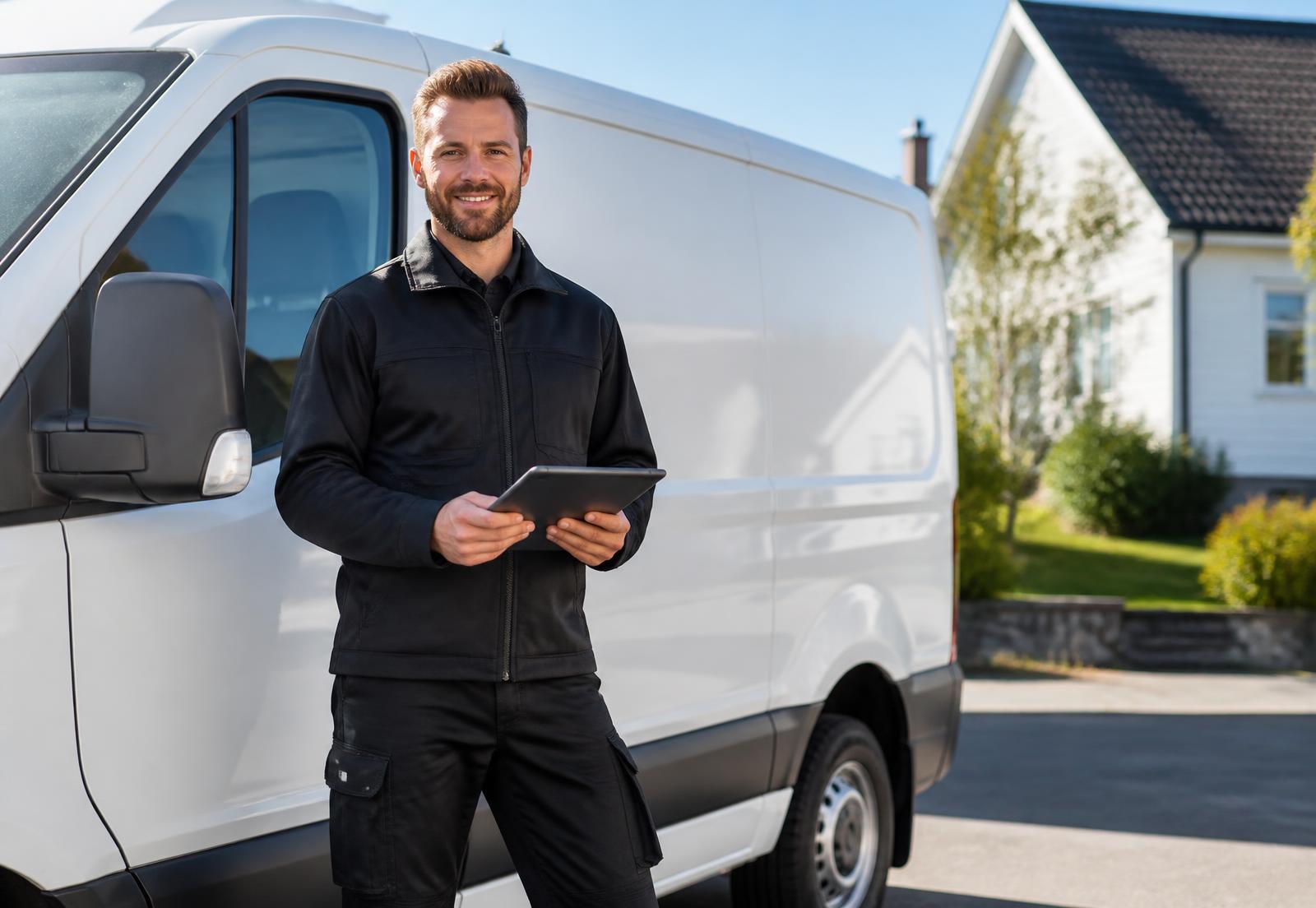 Hantverkare vid servicebil med surfplatta en solig dag