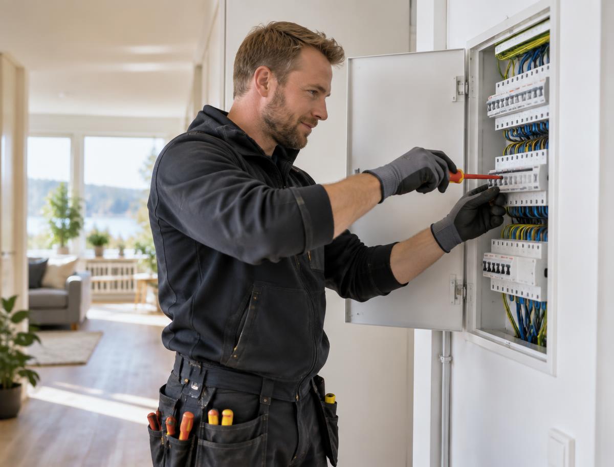 Elektriker som arbetar med en elcentral i ett ljust hem